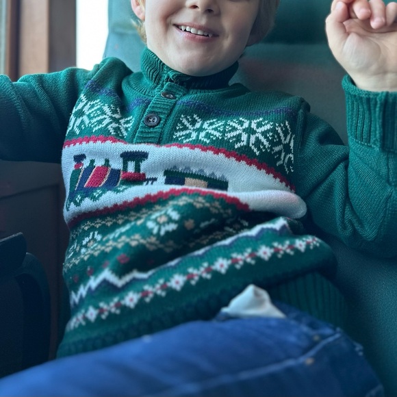 Boys Green Train Fairisle Mock Neck Sweater Polar Express Theme Winter Holiday - Picture 1 of 2